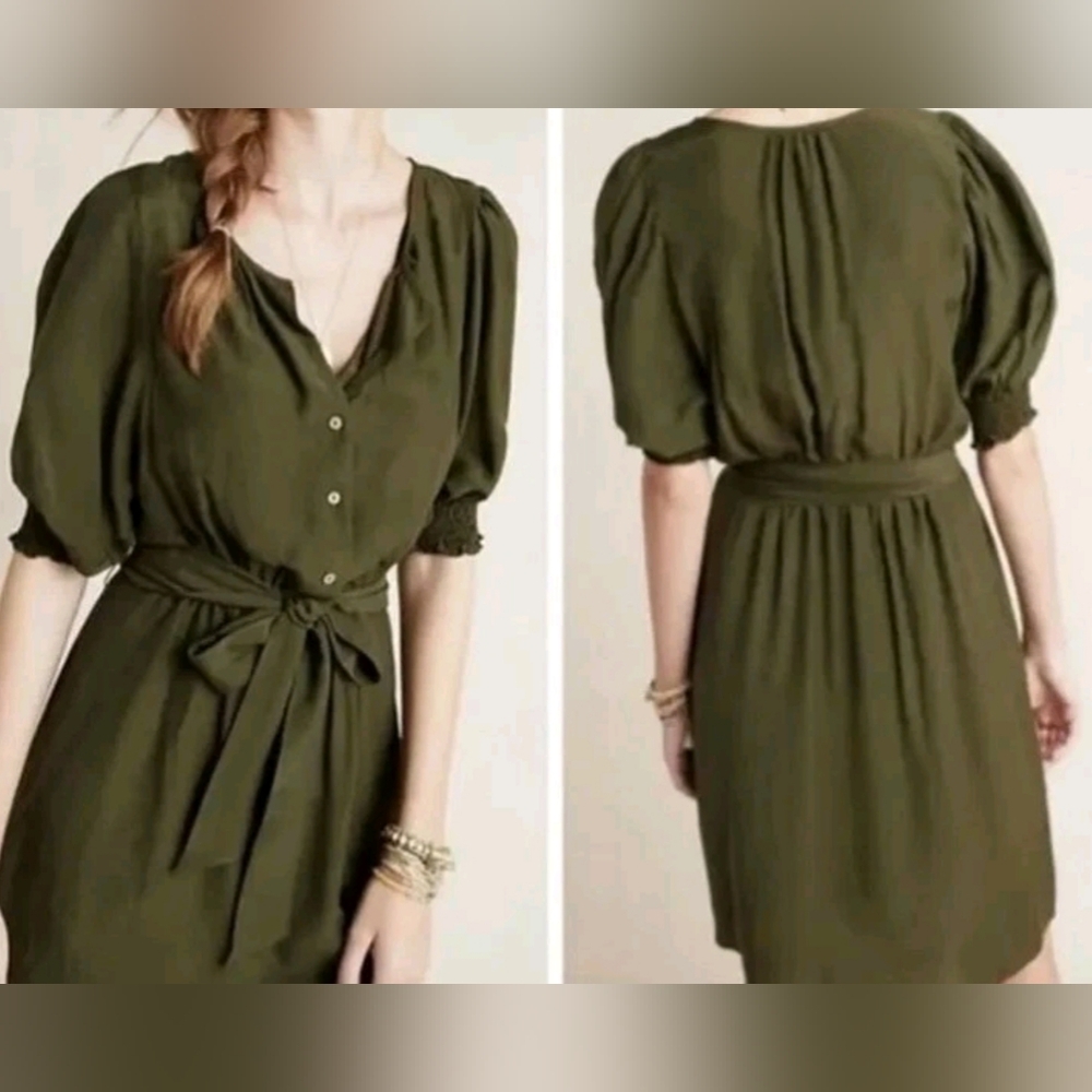 Anthropologie Nicole Green Linen Dress Medium